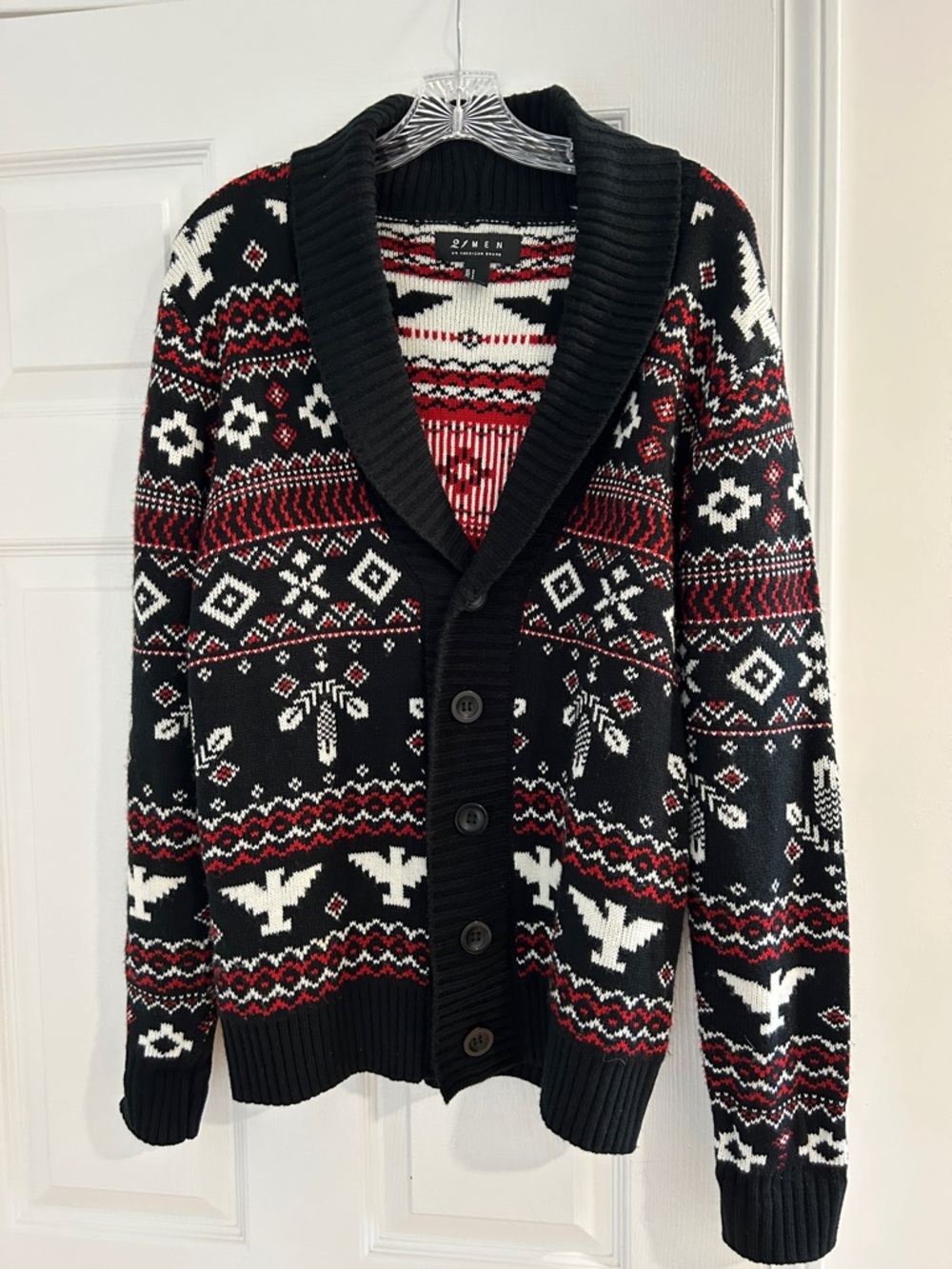 Fair Isle Shawl Collar Cardigan Sweater - Black/Red/White